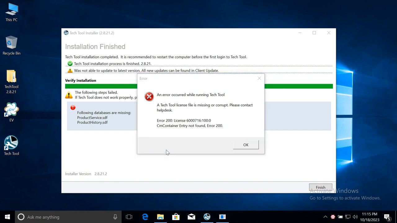 Installation Finished — Error 200 is normal at this stage