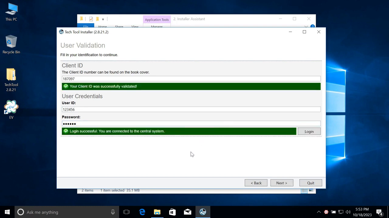 User Validation screen — enter Client ID and login credentials