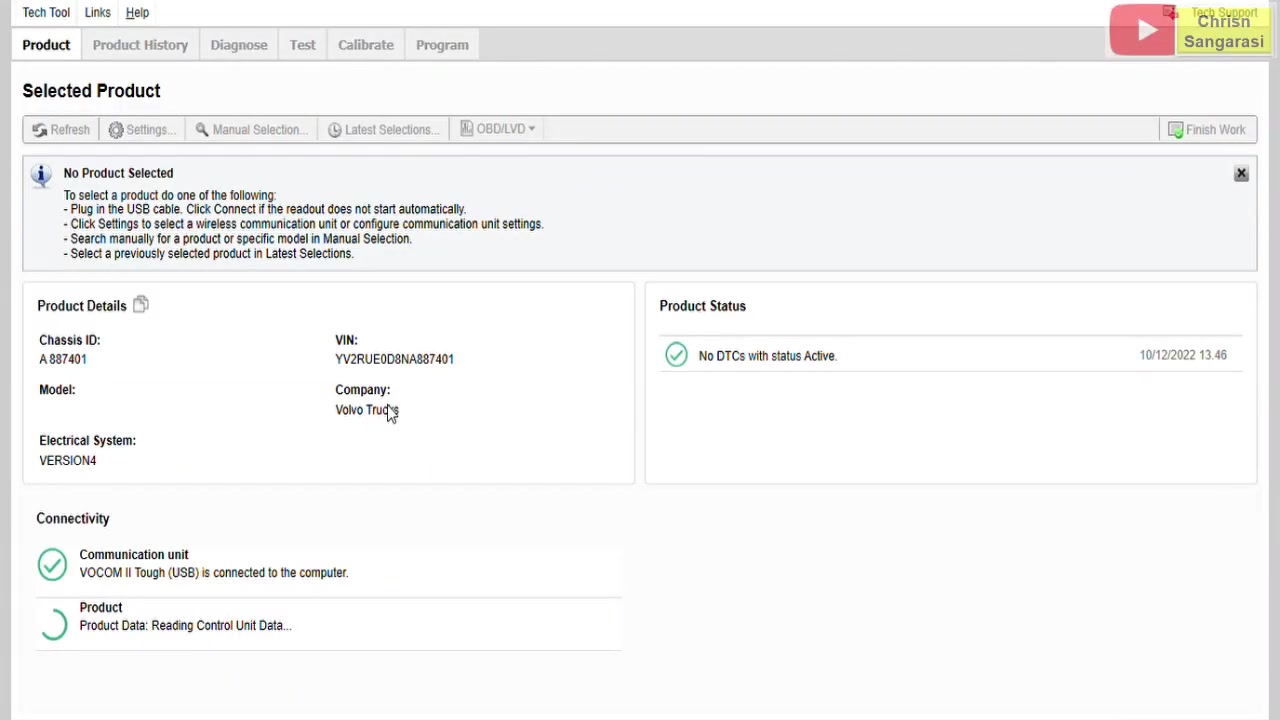 Volvo Tech Tool vehicle identification screen — VIN, chassis ID, and no active DTCs confirmed before calibration