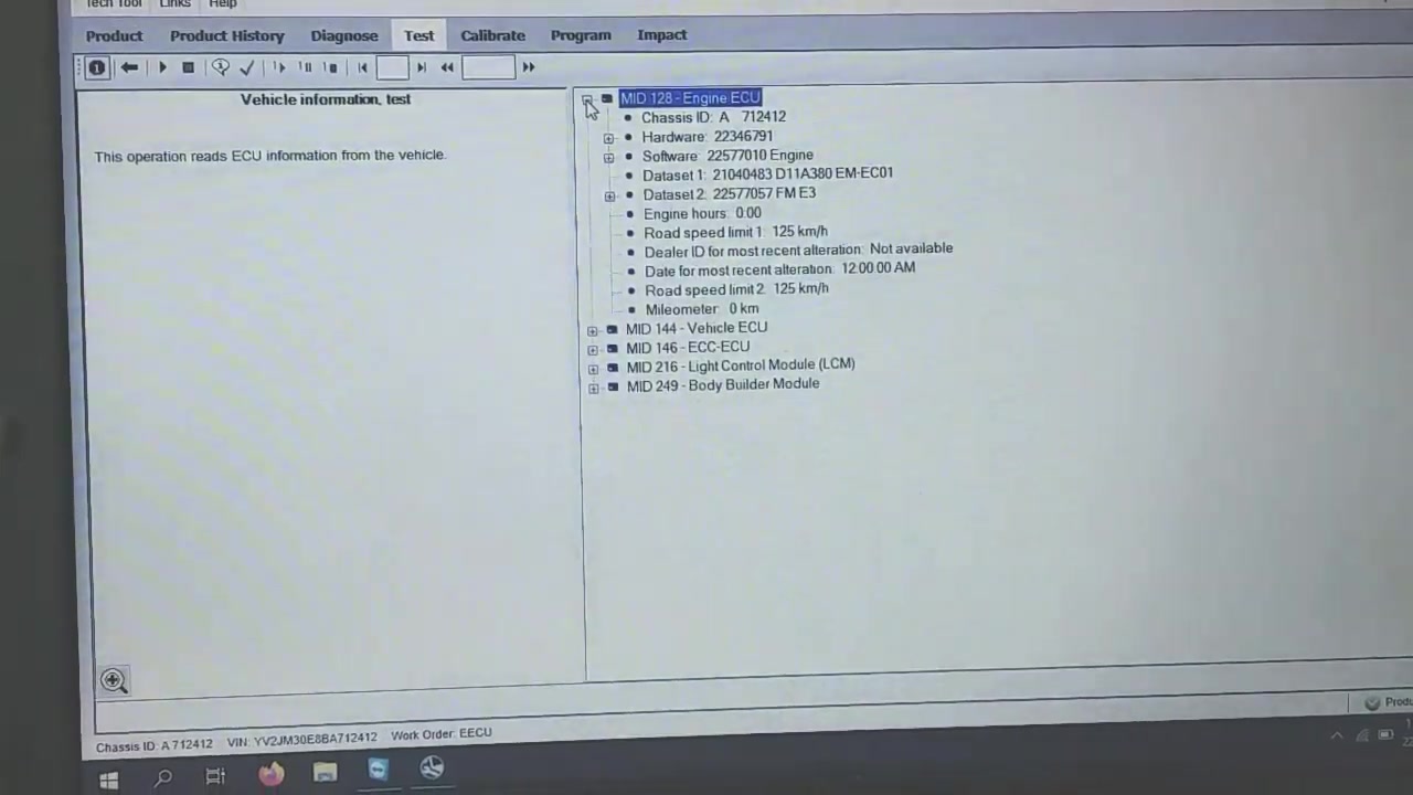 Volvo FM instrument cluster showing Vehicle Information screen with Chassis ID and Emission Level