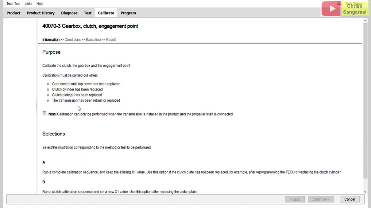 Operation 40070-3 purpose screen — component diagram showing gearbox, clutch cylinder, and selector cylinder layout
