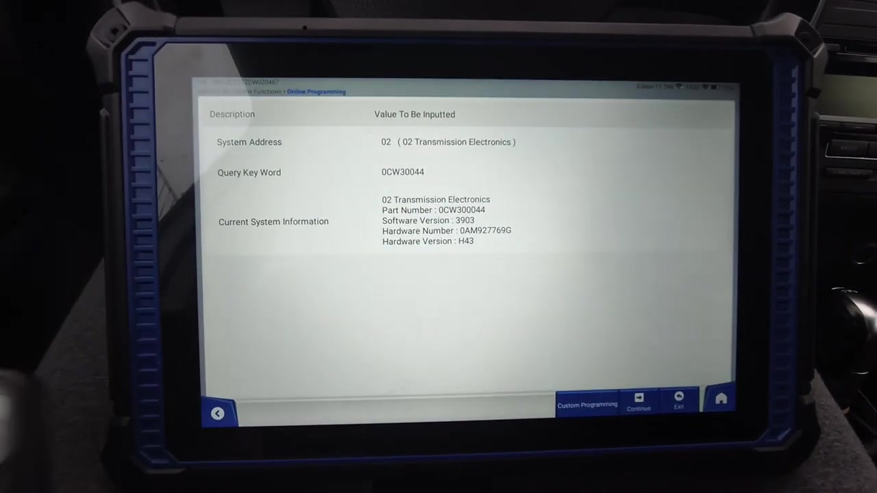 TCU correctly identified by Launch X431 — Part No. 0CW300044, SW 3903, HW 0AM927769G H43
