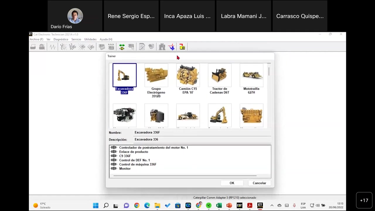 Cat ET Trainer window showing list of Caterpillar machines including Excavadora 336F