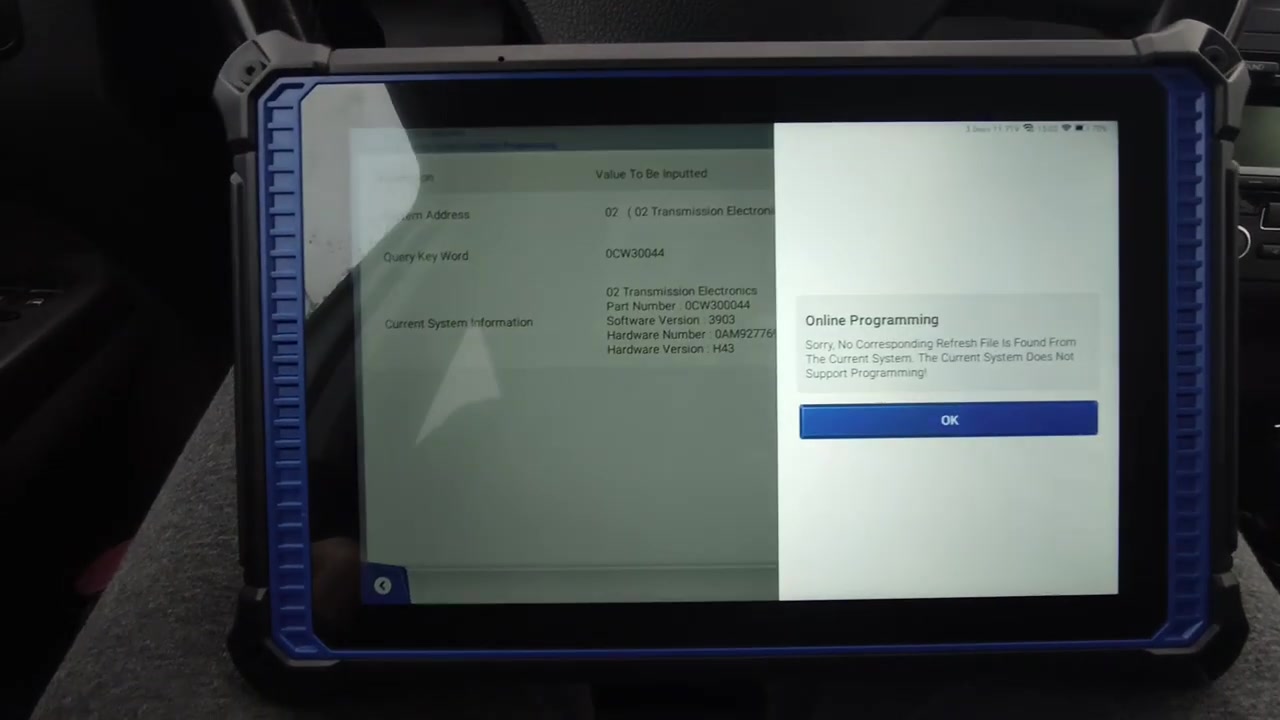 The critical error — Launch X431 cannot find a programming file for the 0CW300044 TCU