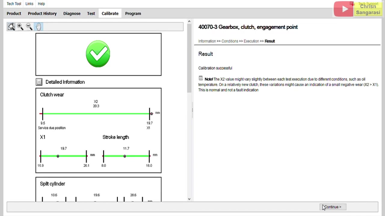 Calibration successful screen — Volvo Tech Tool showing clutch wear measurements and all cylinder position data