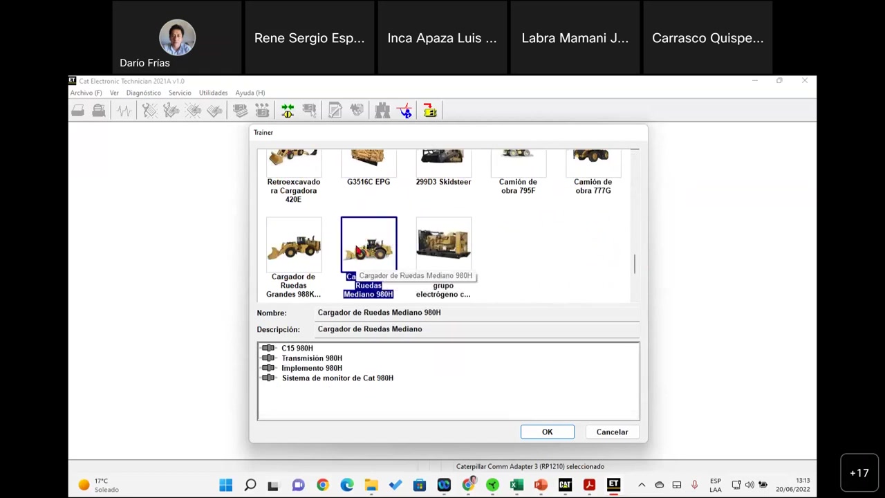 Trainer window selecting Cargador de Ruedas Mediano 980H showing 4 ECMs