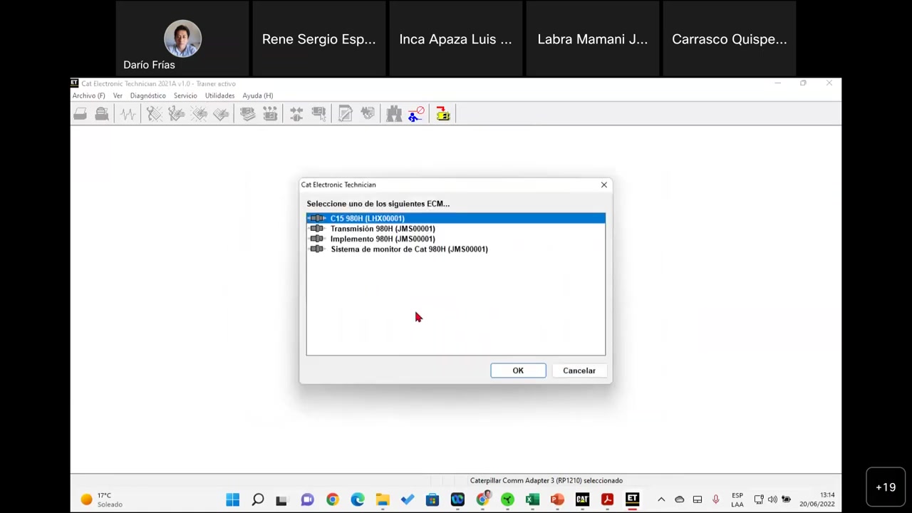 ECM selection window showing 4 ECMs for CAT 980H wheel loader