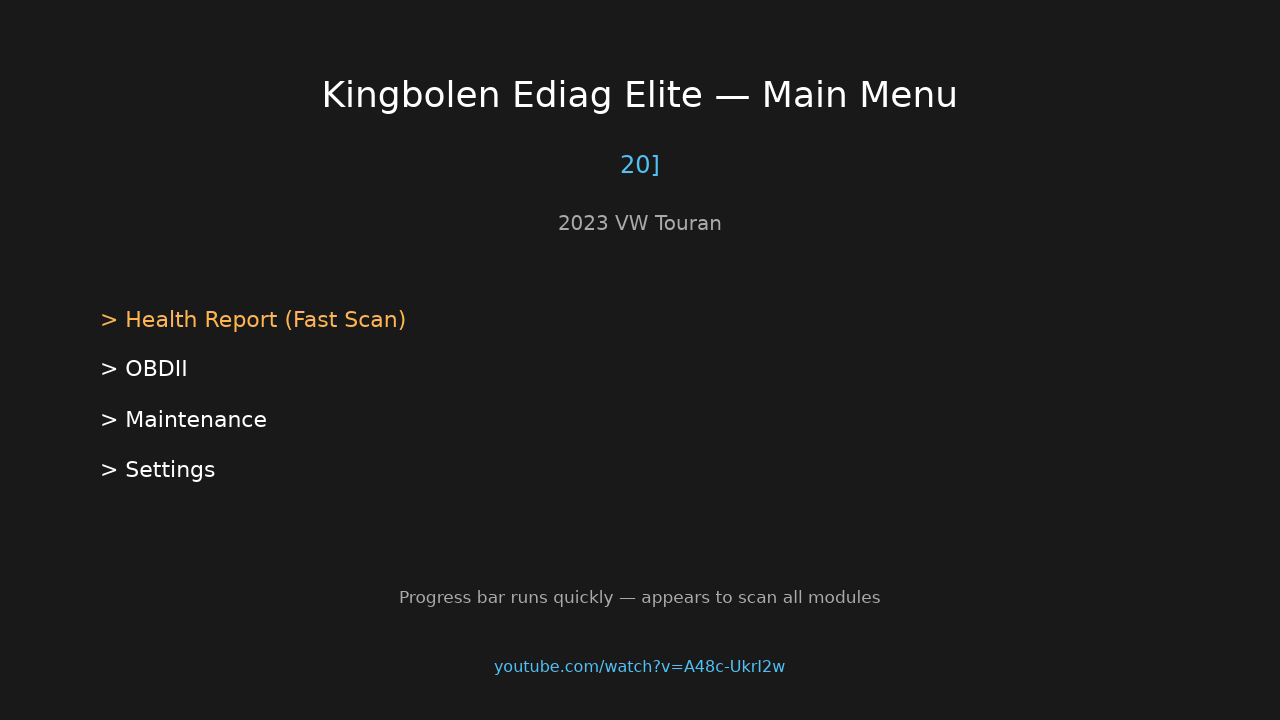 Kingbolen Ediag Elite main menu with Health Report option before scanning 2023 VW Touran