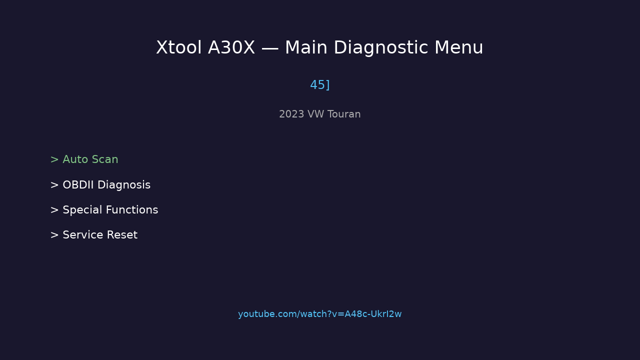 Xtool A30X main menu showing Auto Scan, OBDII Diagnosis, Special Functions and Service Reset options