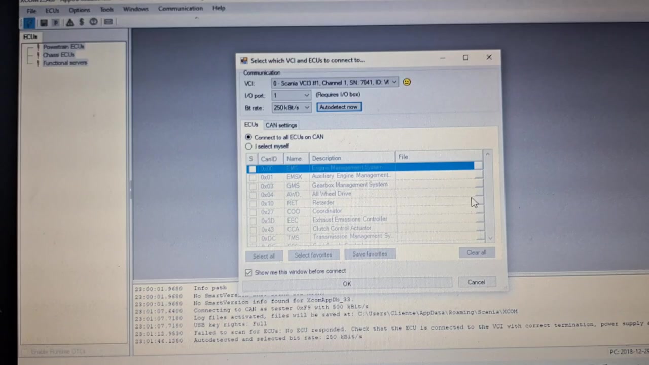Initial 'Select which VCI and ECUs to connect to...' window, showing Scania VCI3 and ECU list.