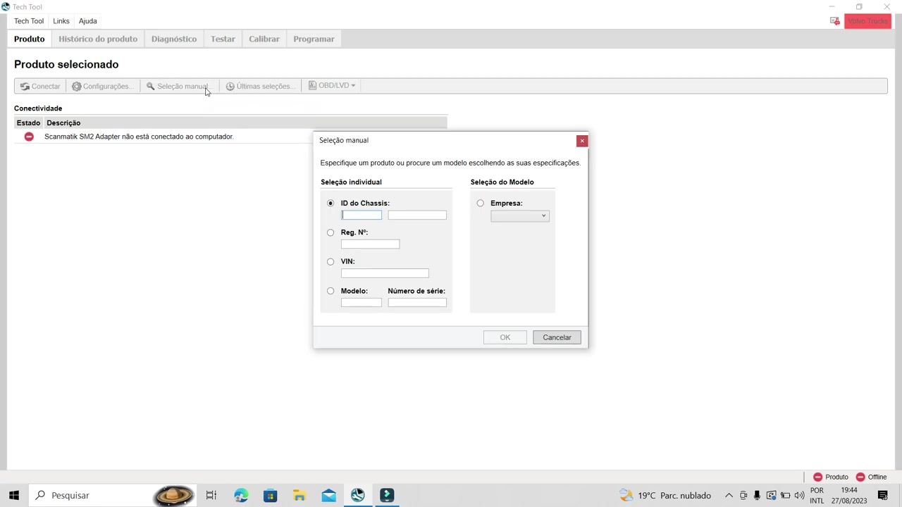 Manual selection window for specifying vehicle details like chassis ID or model.