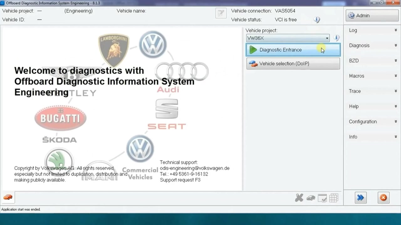 Main screen of 'Offboard Diagnostic Information System Engineering' with VW, Audi, Lamborghini, Bugatti, Skoda, Seat logos. 'Vehicle project: VW36X' is selected.