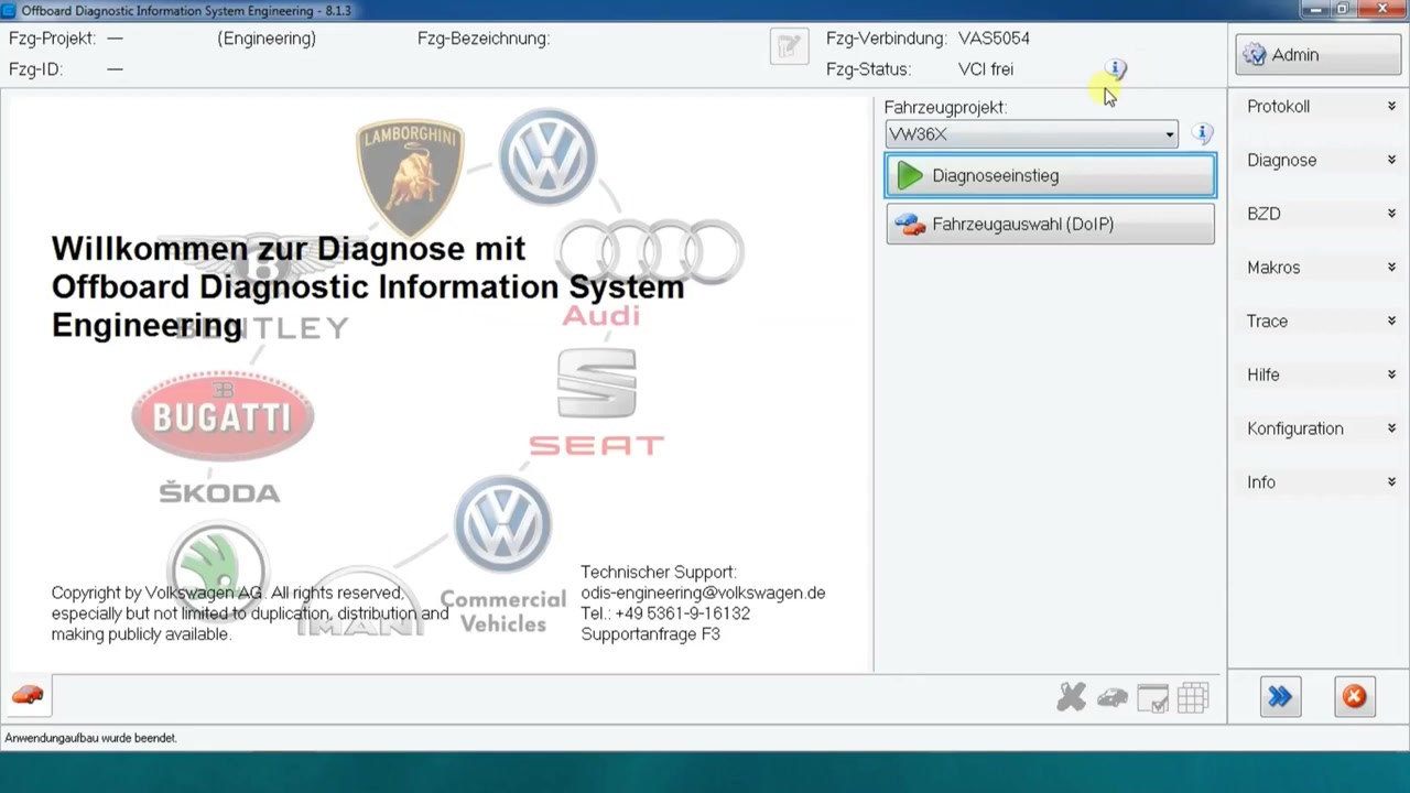 Initial software screen showing vehicle project selection dropdown with 'VW35x_1K_4' being chosen.