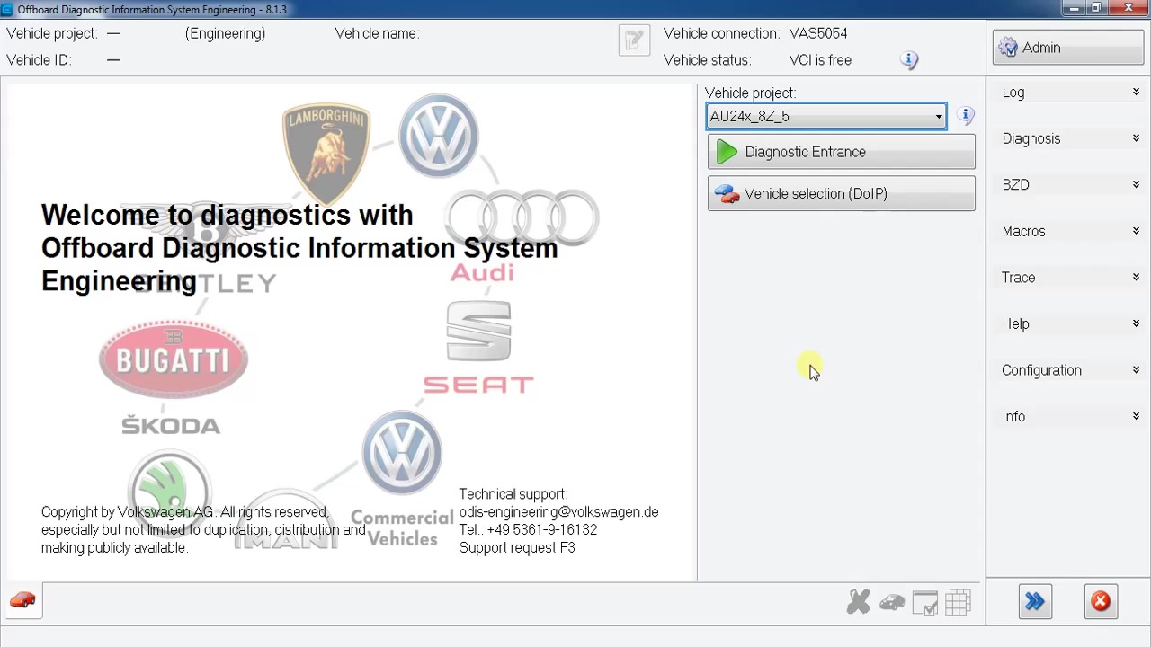Initial screen of 'Offboard Diagnostic Information System Engineering 9.1.0' with vehicle project dropdown open and various car brand logos (Lamborghini, VW, Audi, Bugatti, Skoda, Seat).
