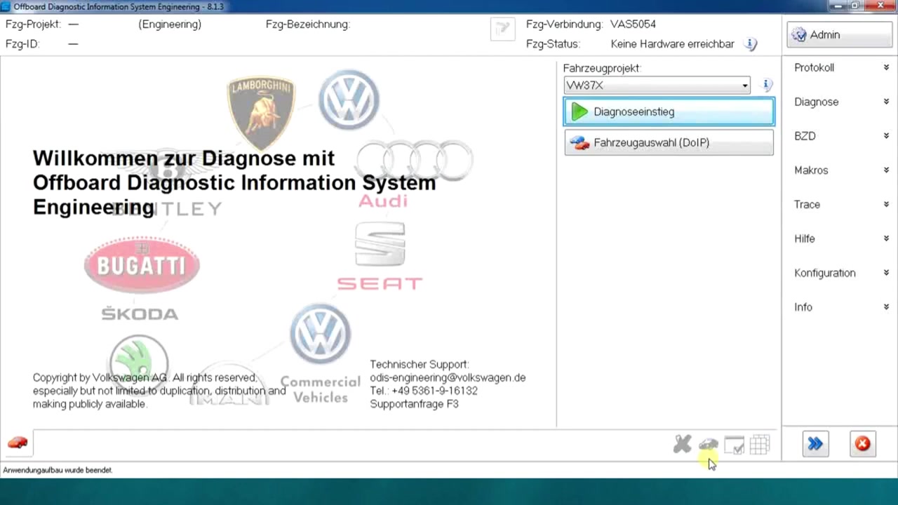 Initial software launch screen displaying 'Offboard Diagnostic Information System Engineering 8.1.3' and various Volkswagen Group brand logos.