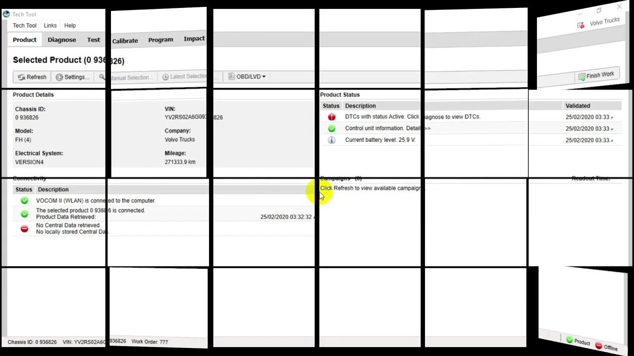 Main product details screen after connecting to the vehicle, showing Chassis ID, VIN, Model (FH (4)), Electrical System, Mileage, and Connectivity status.
