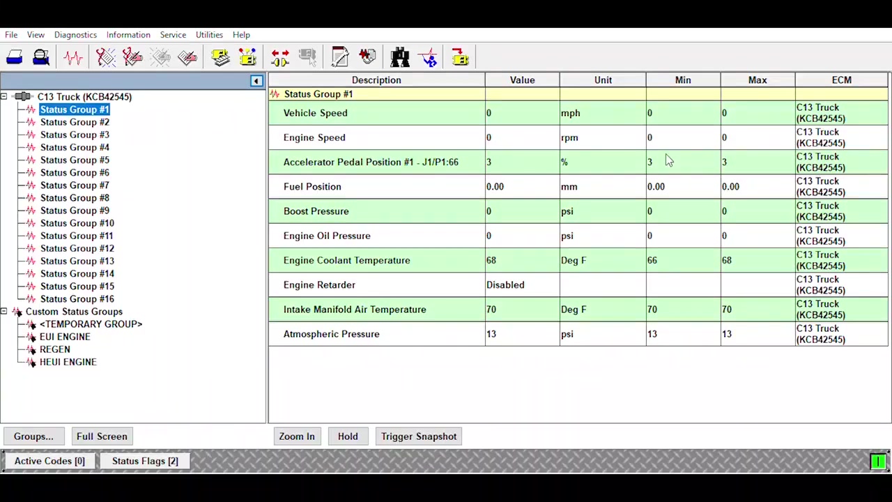 Screenshot of the Caterpillar Electronic Technician (ET) software interface, showing 'Status Group #1' with various engine parameters like Vehicle Speed, Engine Speed, Accelerator Pedal Position, Fuel Position, Boost Pressure, Engine Oil Pressure, Engine Coolant Temperature, Engine Retarder, Intake Manifold Air Temperature, and Atmospheric Pressure.