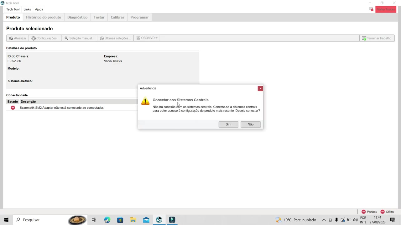 Warning message 'Conectar aos Sistemas Centrais' indicating no connection to central Volvo systems.