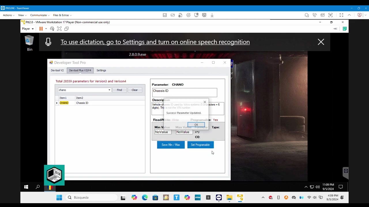 Developer Tool Pro confirmation message 'Success Parameter Updated'.
