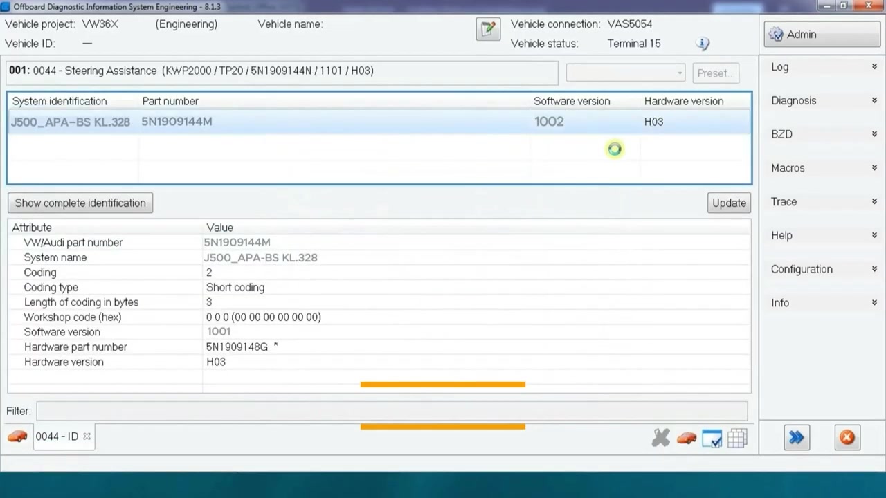 '0044 - Steering Assistance' control module selected. 'System identification' screen showing 'J500_APA-BS KL.328' and 'Software version 1002'.