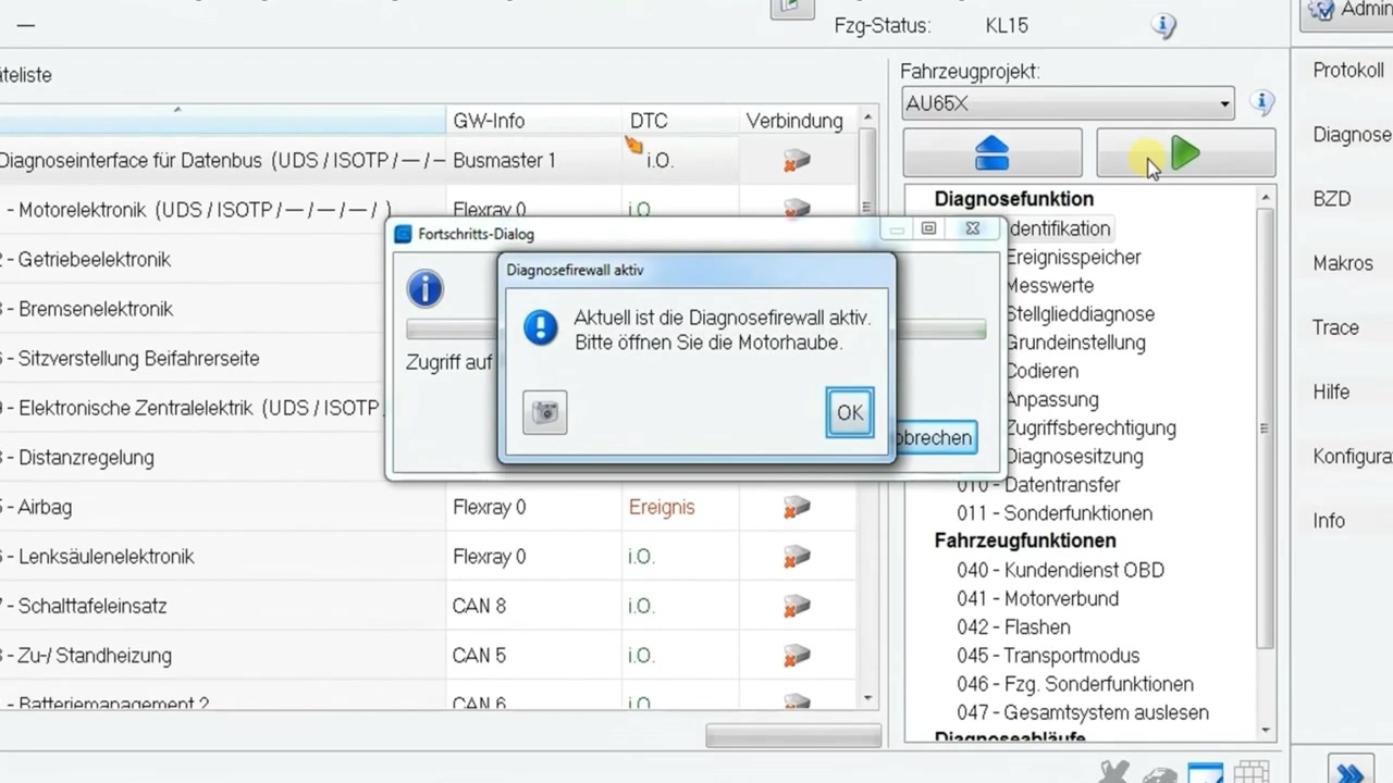 Diagnostic firewall active warning, instructing to open the hood.