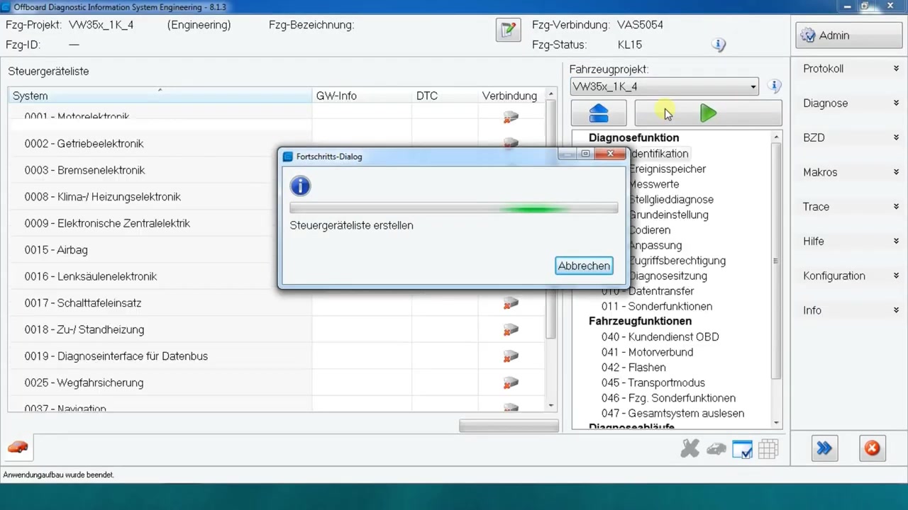Main diagnostic screen displaying a list of control units and available diagnostic functions on the right panel.