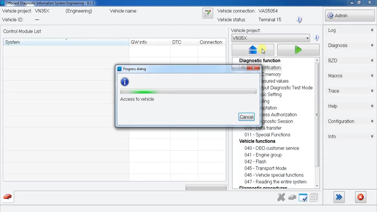 Progress dialog showing 'Access to vehicle' and the 'Control Module List' with various vehicle systems and their status (OK).