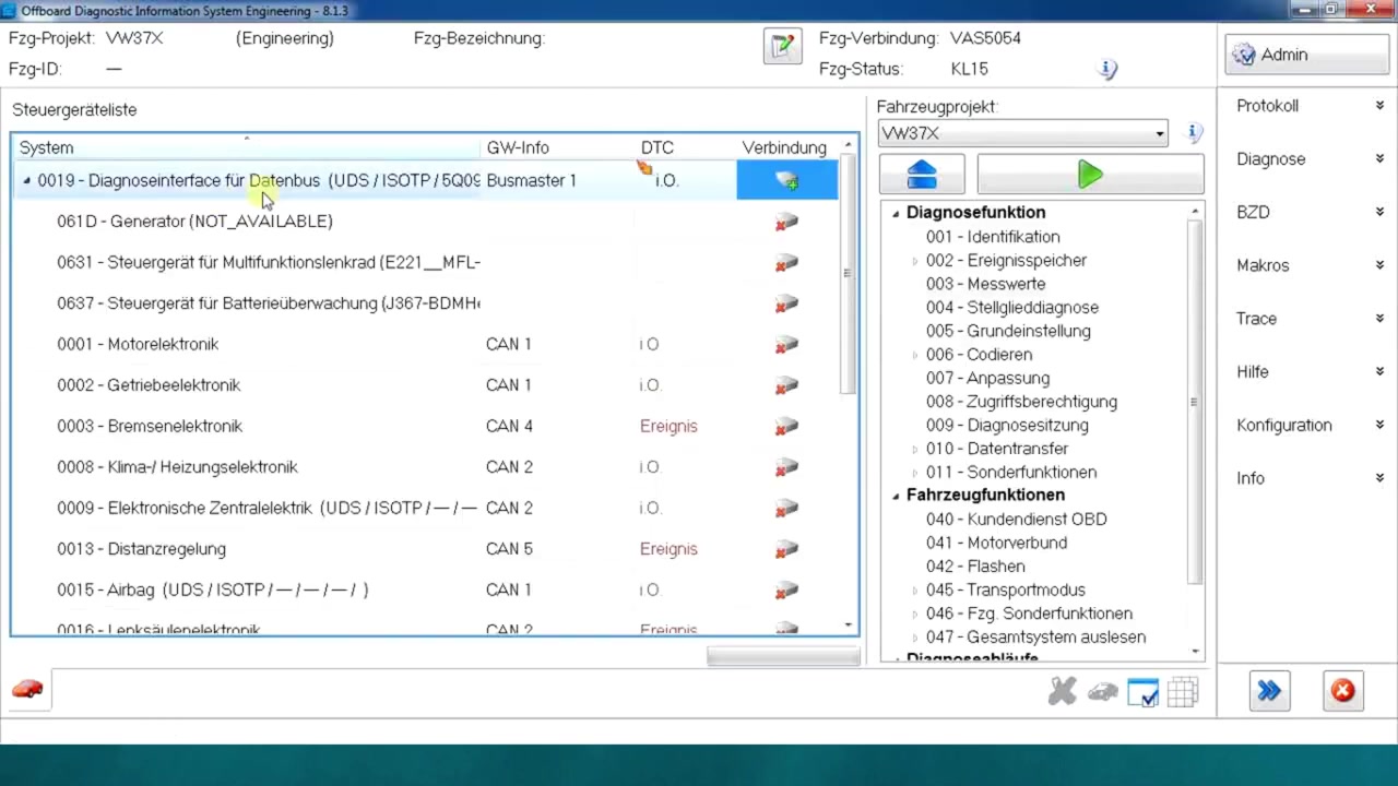 Control unit list after starting diagnosis, with '0001 - Motorelektronik' (Engine Electronics) selected.