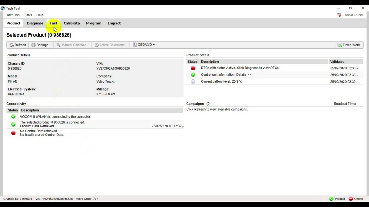 User clicks on the 'Test' tab in the Tech Tool software interface.