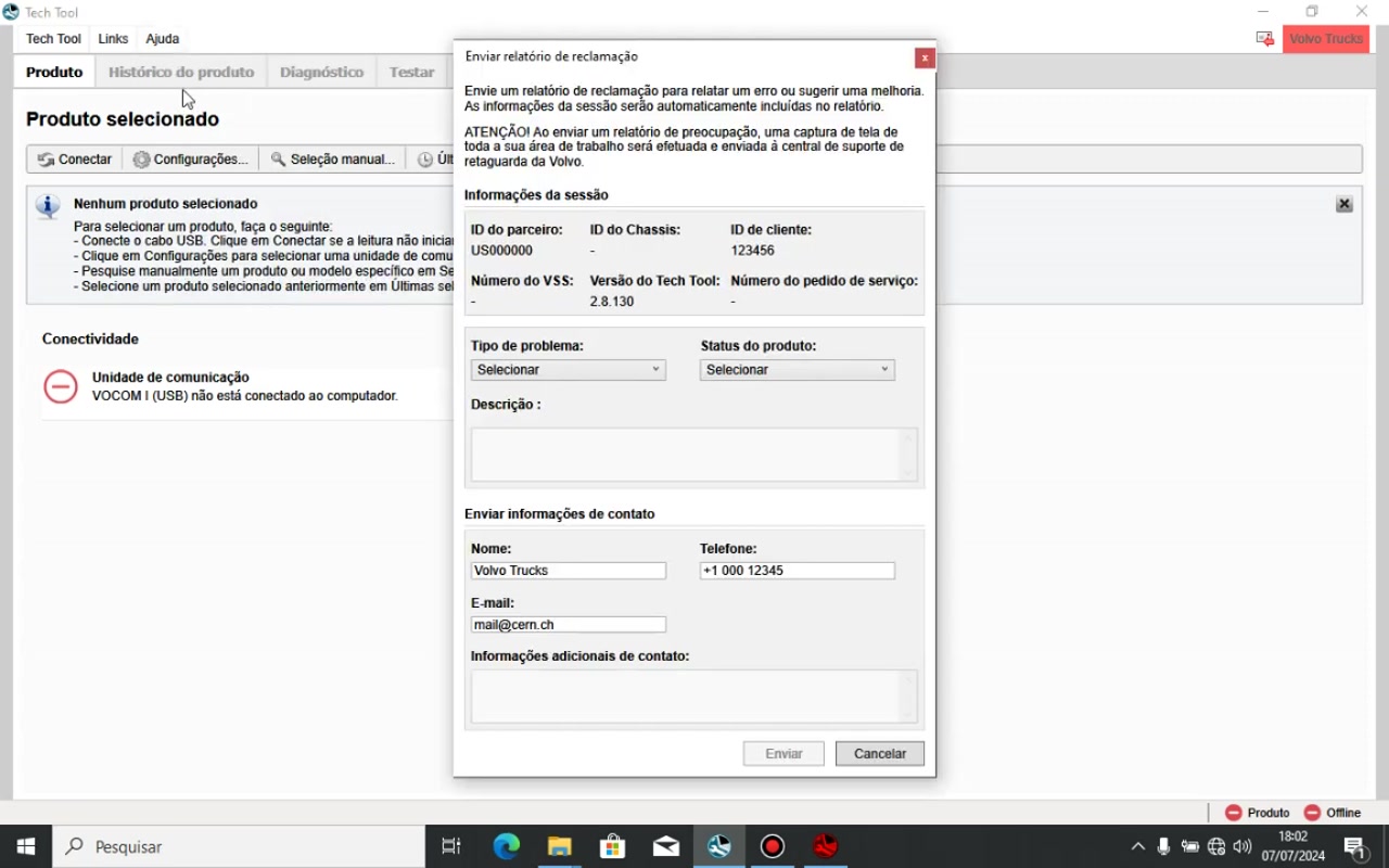 Tech Tool 'Send complaint report' window, showing 'ID do parceiro', 'ID do cliente', and 'Versão do Tech Tool'.