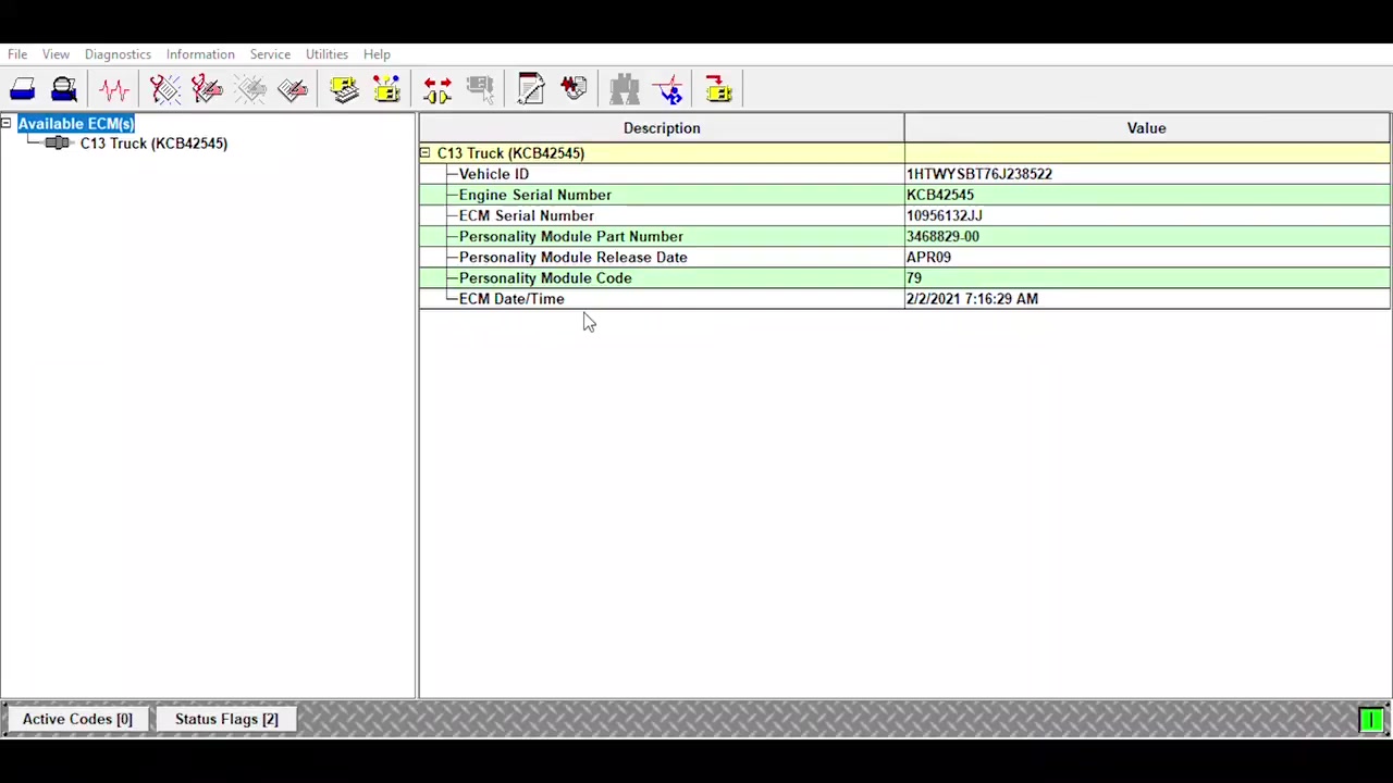 Screenshot of the ET software showing 'Available ECMs' on the left and 'C13 Truck (KCB42545)' selected, displaying basic information like Vehicle ID, Engine Serial Number, Personality Module Part Number, Release Date, Module Code, and ECM Date/Time.