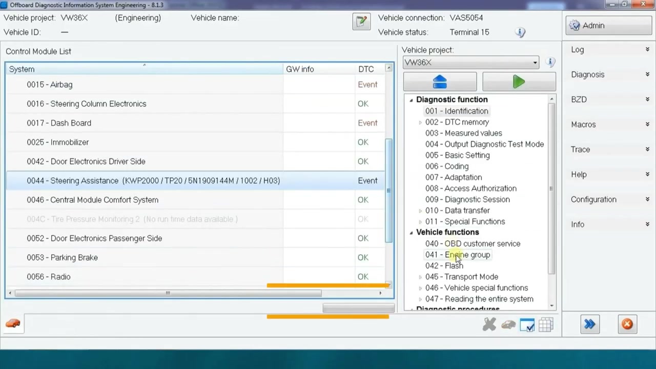 '0044 - Steering Assistance' selected. 'Vehicle functions' menu open, '042 - Flash' highlighted.