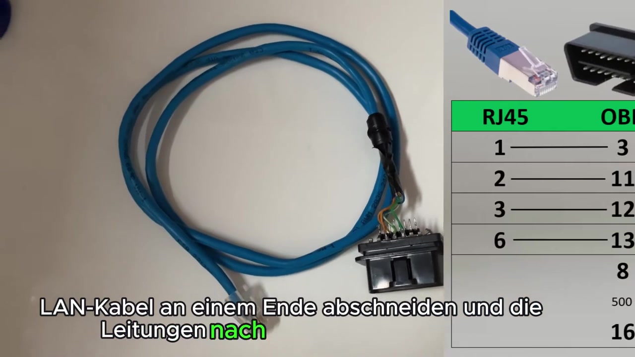 A diagram illustrating the pinout connections between RJ45 and OBD-II, including a 500 Ω resistor for pin 8 and 16.