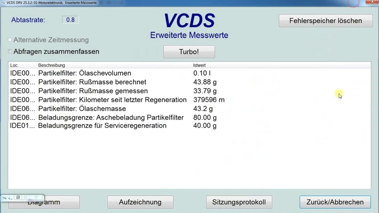 VCDS extended measuring values showing 'Partikelfilter: Ölaschevolumen', 'Rußmasse berechnet' (calculated soot mass), 'Rußmasse gemessen' (measured soot mass), 'Ölaschemasse' (oil ash mass), and 'Beladungsgrenze: Aschebeladung Partikelfilter' (ash loading limit).