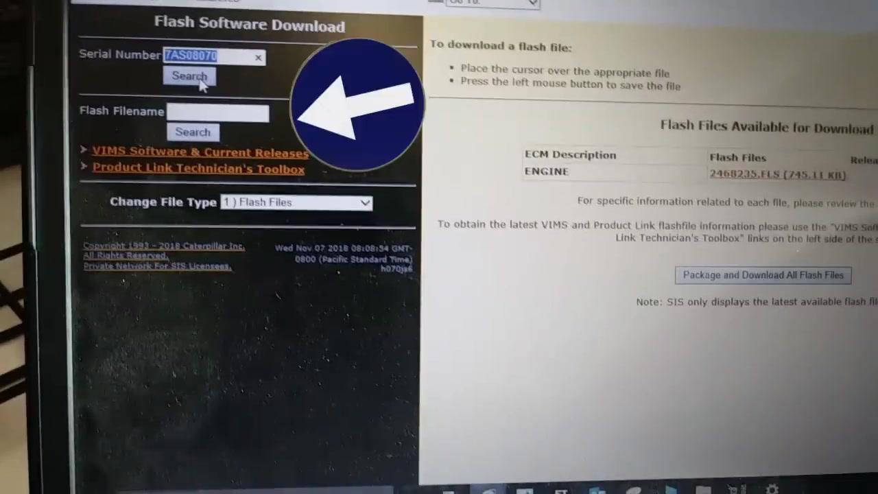 SISWeb interface displaying 'Flash Files Available for Download' with a specific flash file (2468235.FLS) listed for an engine.