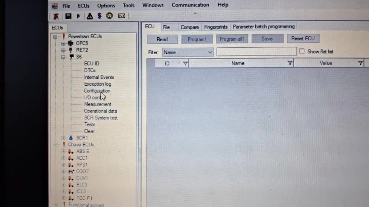 Configuration screen for S6 (Engine Management System) after clicking 'Read' parameters.