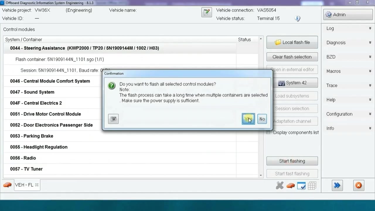 'Progress dialog' showing 'Steering Assistance' flashing process at 0% and increasing.