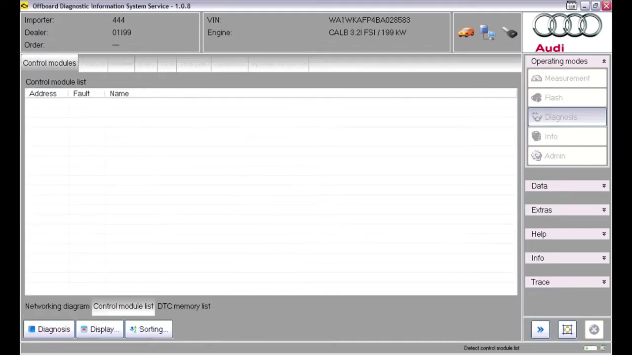 Control modules tab displaying a list of control modules, with 'Engine Control Module 1' highlighted in red indicating a fault.