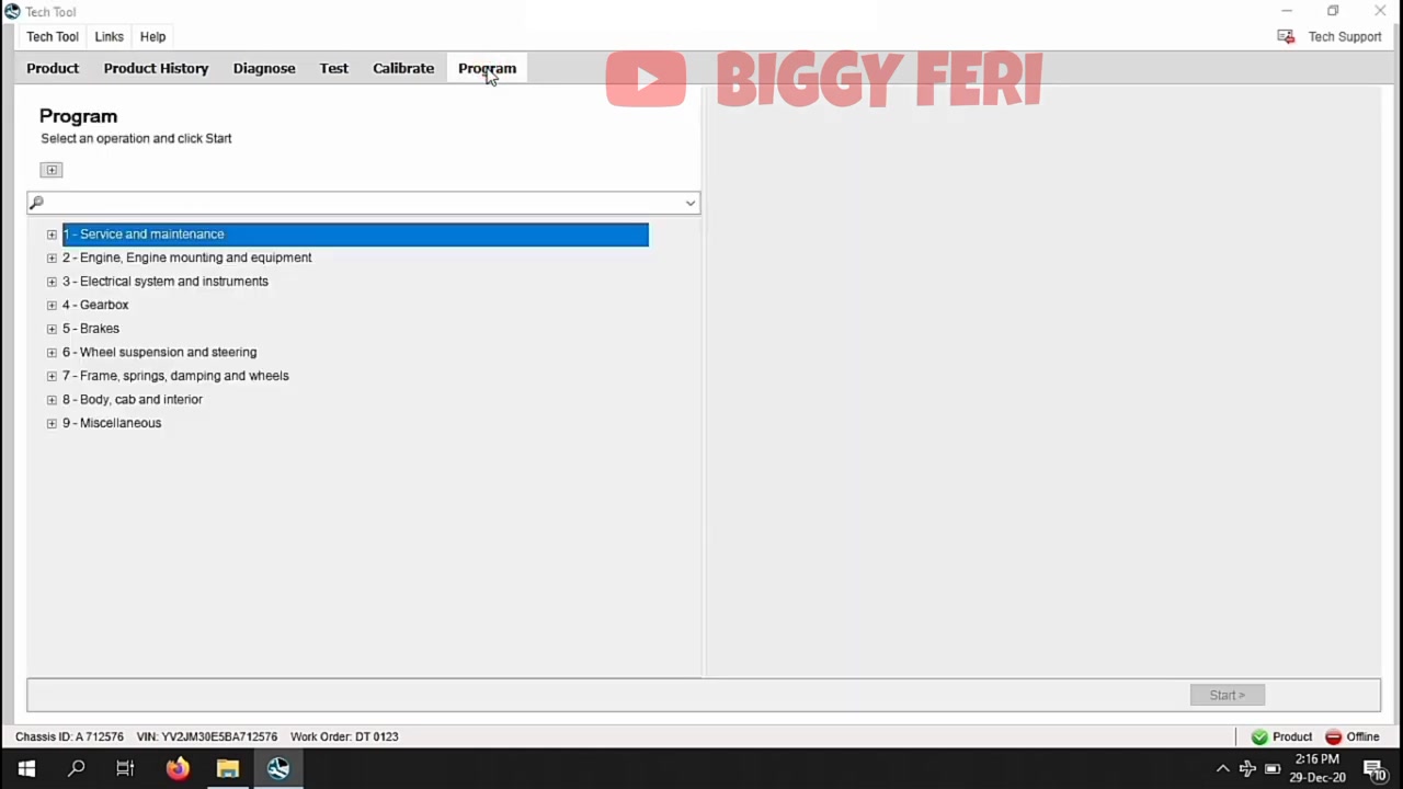 Volvo Tech Tool 'Program' tab, with '17030-3 - Parameter, programming' selected.