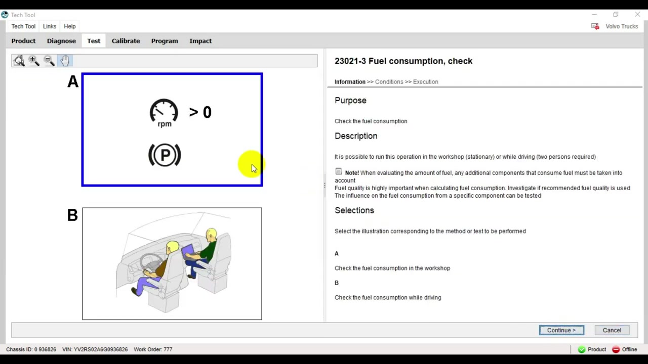 Selection screen for the fuel consumption check method, offering options for stationary (A) or driving (B) tests.
