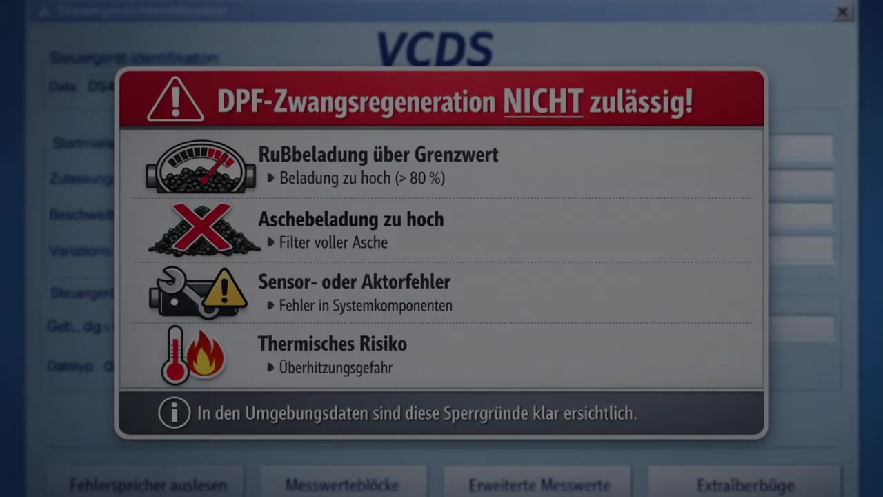 VCDS warning message: 'DPF-Zwangsregeneration NICHT zulässig!' (DPF forced regeneration NOT allowed!) with reasons like soot/ash overload, sensor errors, and thermal risk.