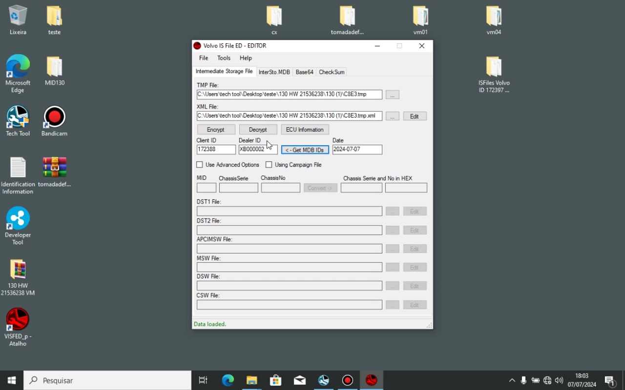 Successful decryption of TMP file, revealing MID, Chassis/Serie, and converted HEX values.