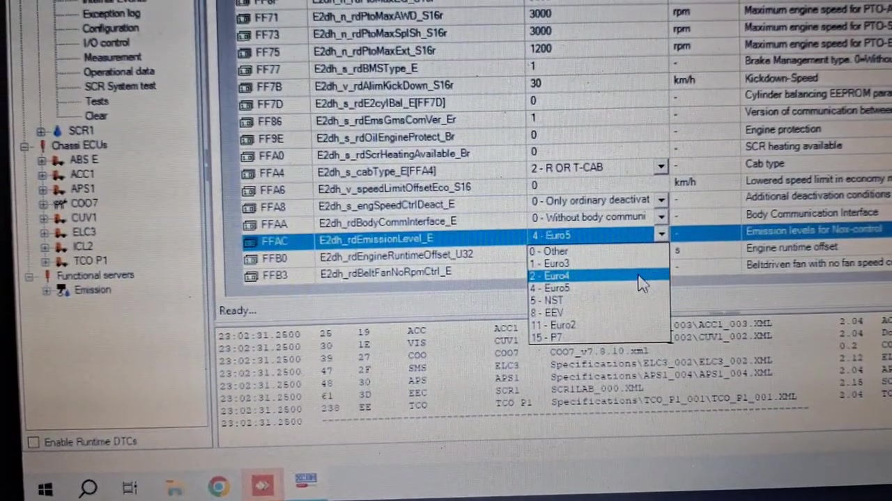 Dropdown menu showing options for 'E2dh_rdEmissionLevel_E', with '1-Euro3' selected.
