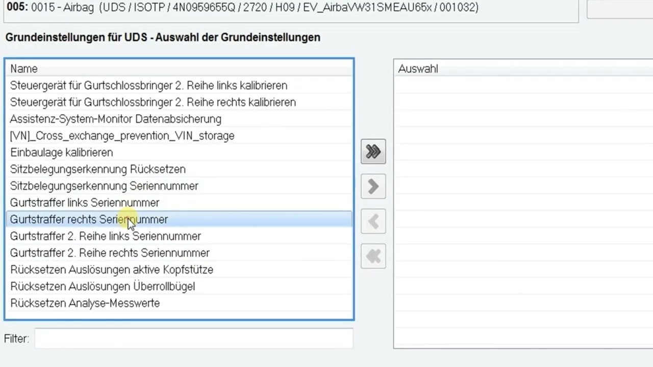 Selecting 'Gurtstraffer rechts Seriennummer' (Seat belt tensioner right serial number) for basic settings.