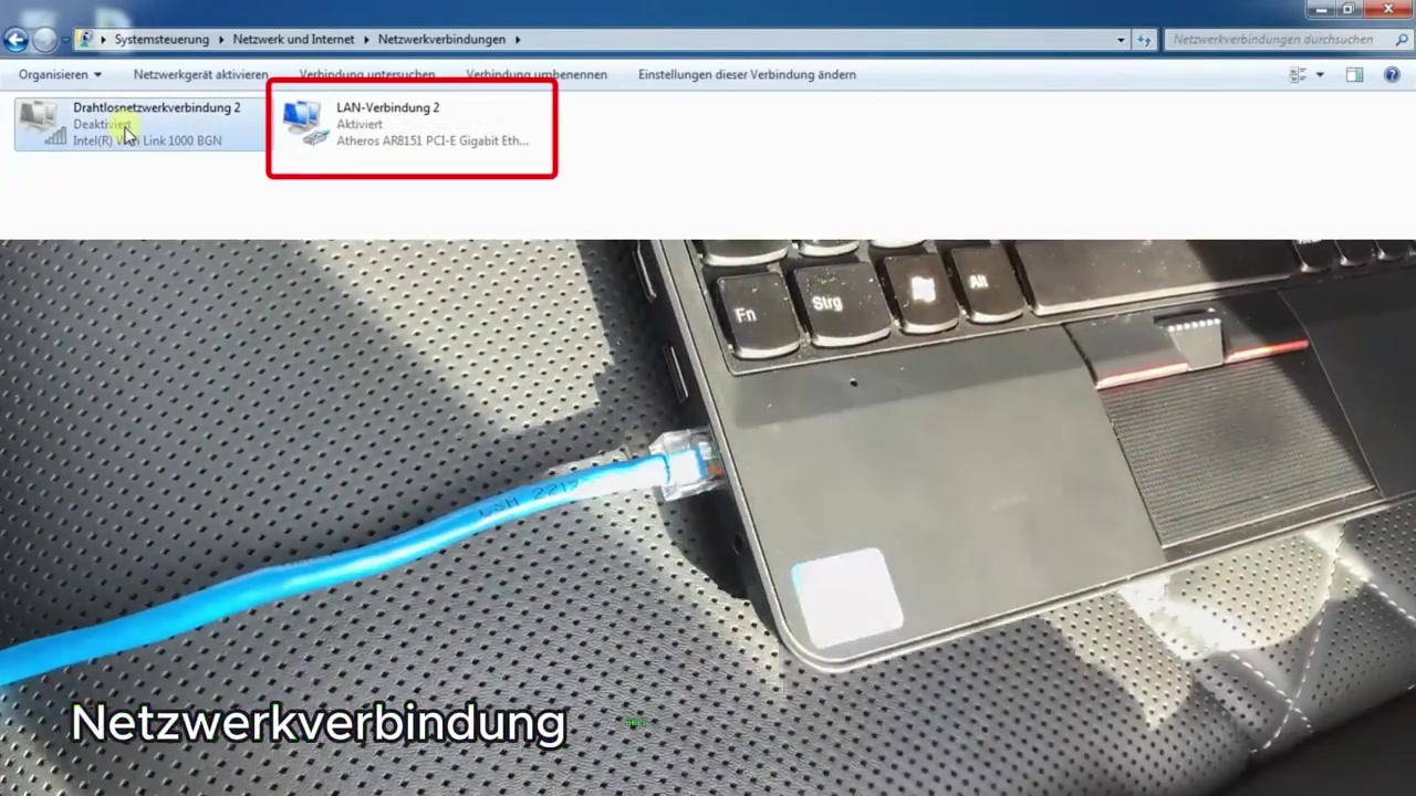 Laptop screen showing 'LAN-Verbindung 2' (LAN Connection 2) as activated, indicating a successful network connection over DoIP.