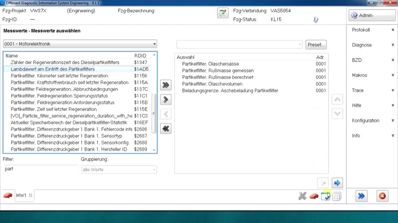 Multiple selected DPF parameters (e.g., oil ash mass, soot mass, volume) are moved to the 'Auswahl' (Selection) panel.