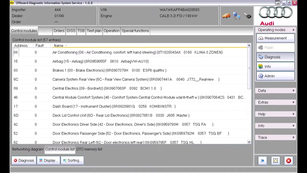 Networking diagram tab showing a topology view of vehicle control modules, with some grayed out and one in red.
