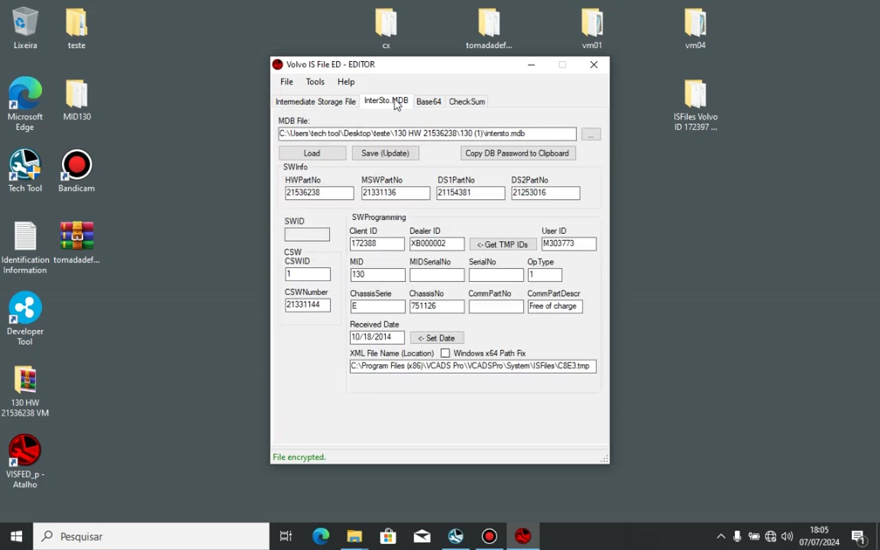 The 'Intermediate Storage File' tab showing 'Free of charge' in the 'CurrPartDev' field after encryption.