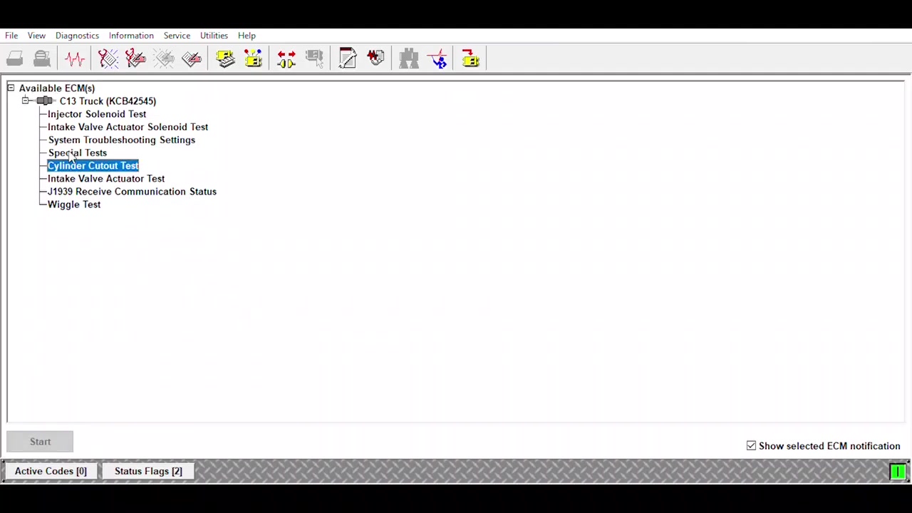 Screenshot of the ET software's 'Cylinder Cutout Test' screen, listing cylinders 1-6 as 'Powered' and showing engine speed, fuel position, engine coolant temperature, and cooling fan status on the right.