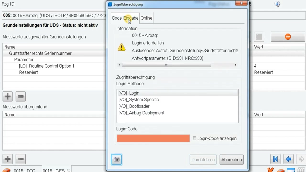 Access authorization dialog, prompting for a login code.